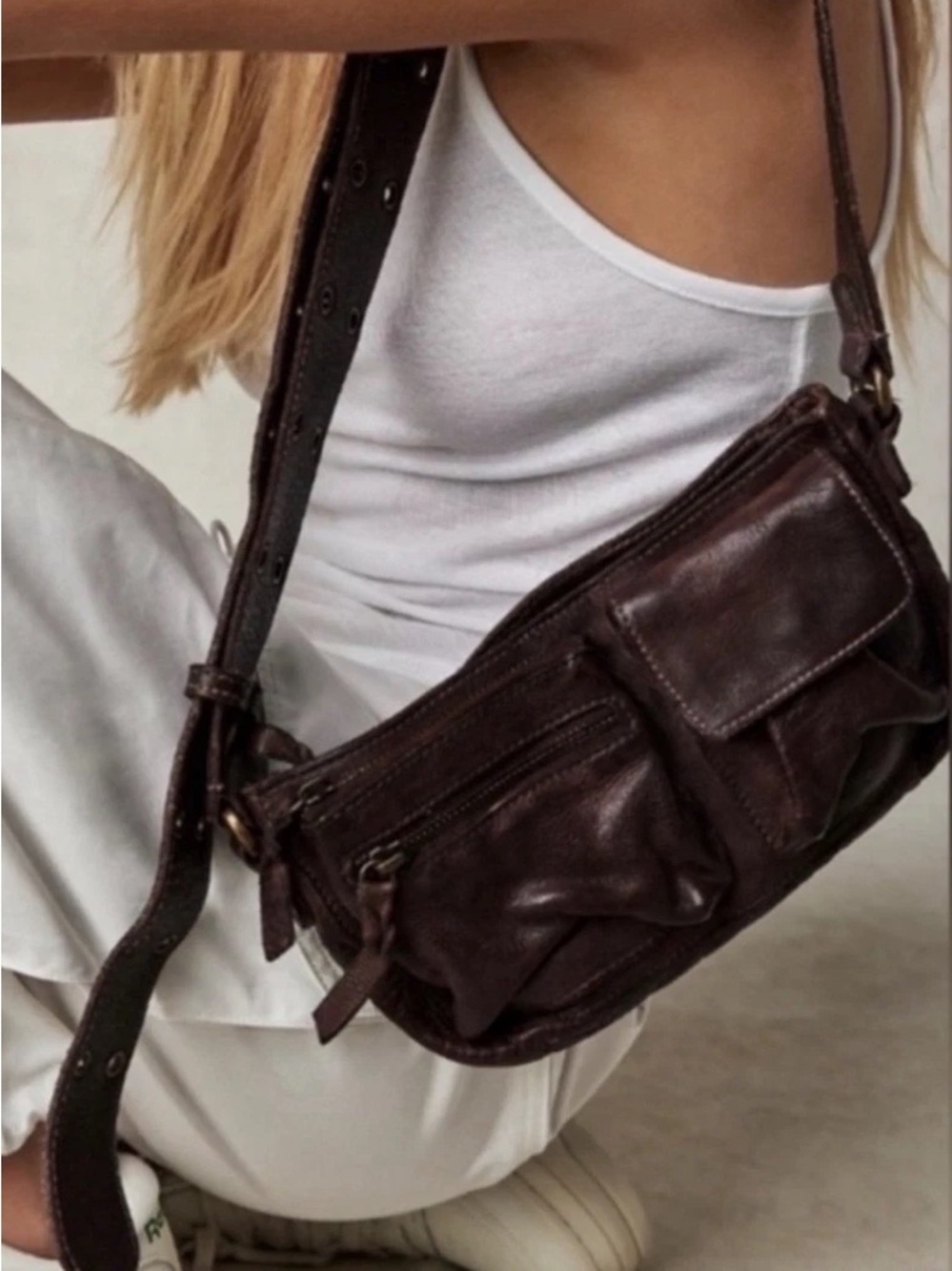 NWT Free People Wade brown leather sling bag with adjustable strap